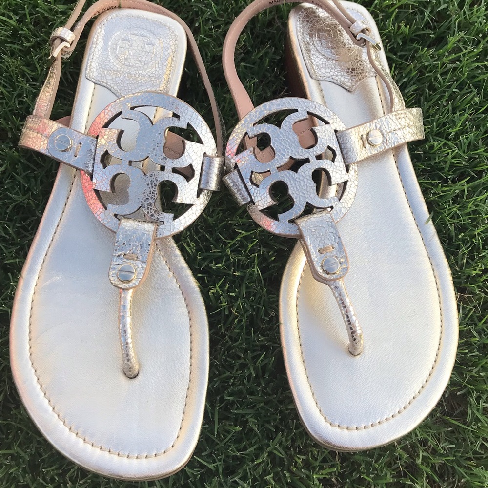 Platinum Tory Burch Logo Sandals with ankle strap